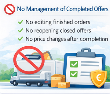 Ilustração a mostrar que os motoristas não podem editar ou reabrir propostas de transporte concluídas na plataforma ExusTrans